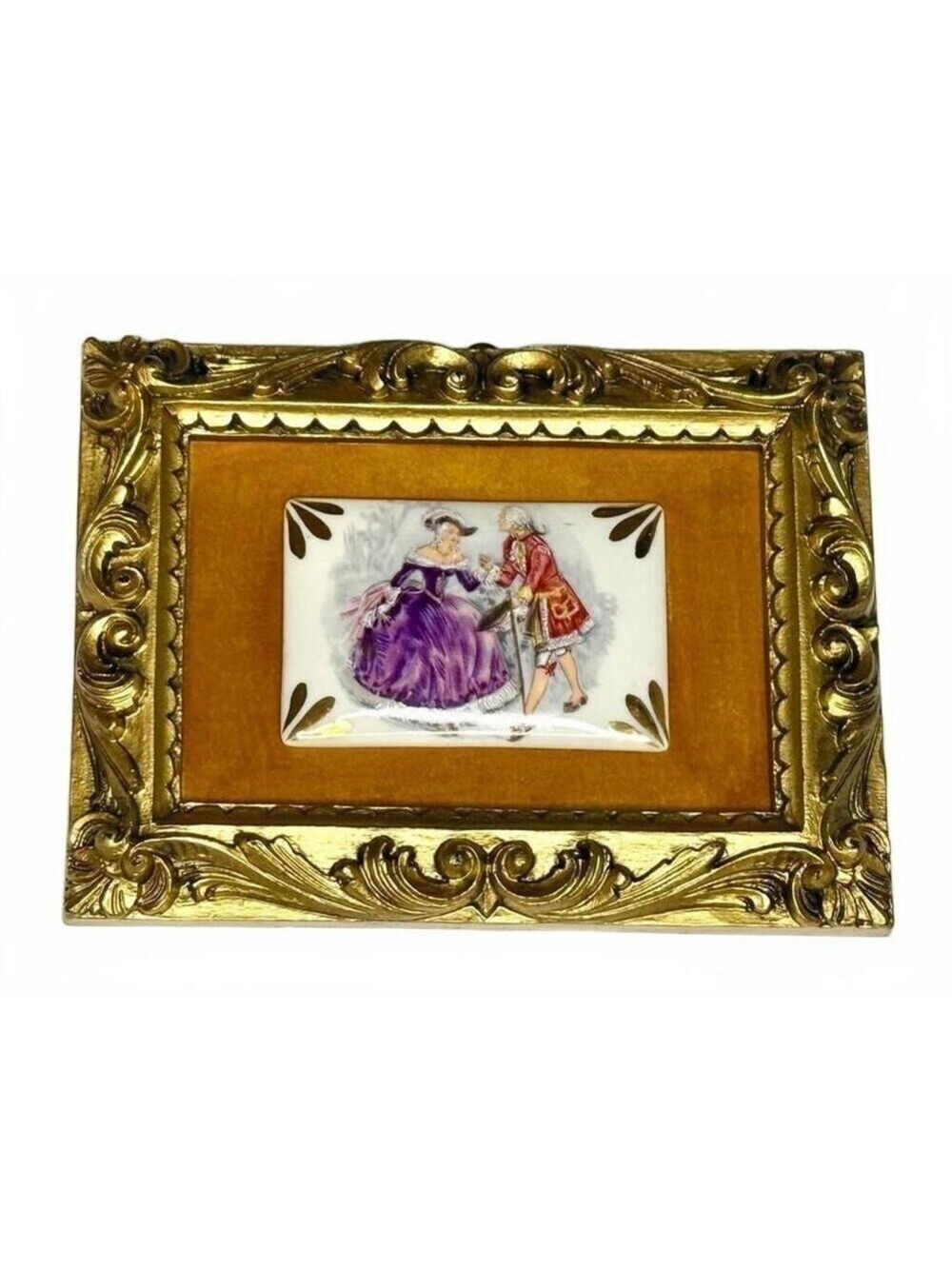 Vintage Framed Porcelain Miniature – Hand-Painted Rococo Couple – Gilt Frame